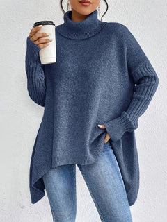 Greta | Damen Oversized Turtleneck Sweater mit geripptem Rollkragen und verlängertem Saum in Ozeanblau