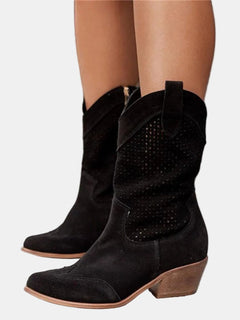 Clara | Damen Perforierte Stiefel Blockabsatz Wildlederoptik in Schwarz