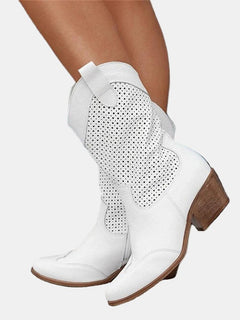 Clara | Damen Perforierte Stiefel Blockabsatz Wildlederoptik in Weiß