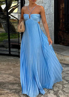 Damen Plissee Maxikleid mit Nackenträgern Aussparungen und geraffter Brustpartie in Blau