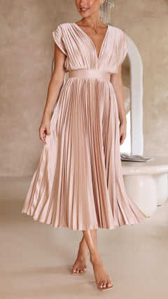 Damen Plissiertes Midikleid mit Tiefem V-Ausschnitt und Taillenband in Champagnerfarben