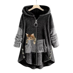Lena | Damen Plüsch-Hoodie Sweatshirt Reißverschluss Katzen-Print Fleece in Dunkelgrau