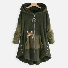 Lena | Damen Plüsch-Hoodie Sweatshirt Reißverschluss Katzen-Print Fleece in Grün
