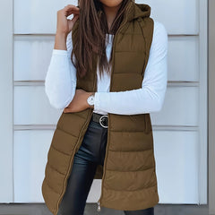 Frieda | Damen Puffer Weste mit Kapuze Ärmellose Lange Steppweste in Khaki