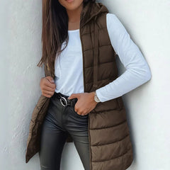 Frieda | Damen Puffer Weste mit Kapuze Ärmellose Lange Steppweste in Braun