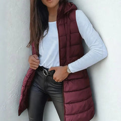 Frieda | Damen Puffer Weste mit Kapuze Ärmellose Lange Steppweste in Kastanienbraun