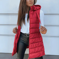 Frieda | Damen Puffer Weste mit Kapuze Ärmellose Lange Steppweste in Rot