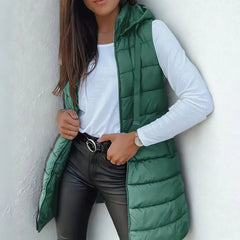 Frieda | Damen Puffer Weste mit Kapuze Ärmellose Lange Steppweste in Grün
