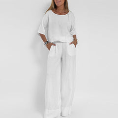 Marie | Damen Relaxed-Fit Leinen-Bluse Hose Set elegant bequem in Weiß