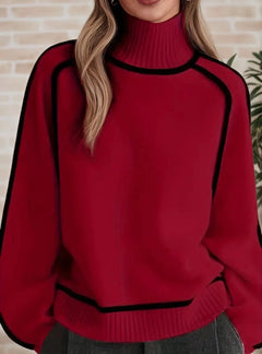 Sophie | Damen Rollkragen Oversized Strick Sweater mit Kontraststreifen in Rot