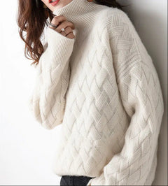 Damen Rollkragenpullover mit Zopfmuster und langen Ärmeln in Beige
