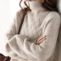 Damen Rollkragenpullover mit Zopfmuster und langen Ärmeln in Beigebraun