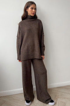 Damen Rollkragenpullover und Weite Hose Set mit Langen Ärmeln in Braun