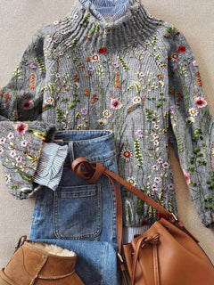 Sophie | Damen Rollkragenpullover Vintage Blumen Strickpullover in Mehrfarbig