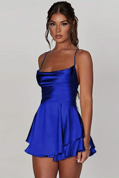 Amelie | Damen Satinoptik Rückenfreies Cocktailkleid Geraffter Taille Minirock in Royal Blue