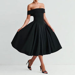 Damen Schulterfreies Midikleid mit gefaltetem Halsausschnitt und ausgestelltem Rock in Schwarz