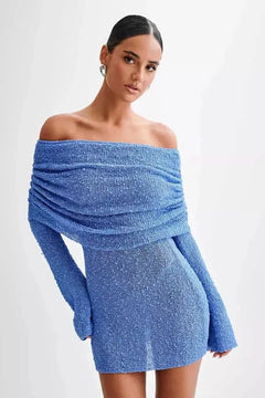 Damen Schulterfreies Minikleid mit Langen Ärmeln Drapierter Brustpartie und Strukturierter Oberfläche in Blau