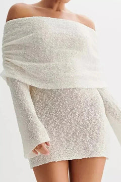 Damen Schulterfreies Minikleid mit Langen Ärmeln Drapierter Brustpartie und Strukturierter Oberfläche in Cremefarben