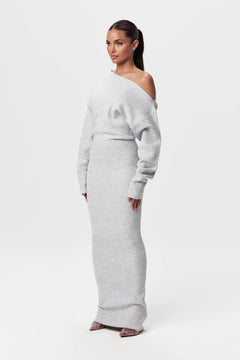 Damen Schulterfreies Strickkleid mit Asymmetrischem Ausschnitt Langen Ärmeln und Maxilänge in Grau