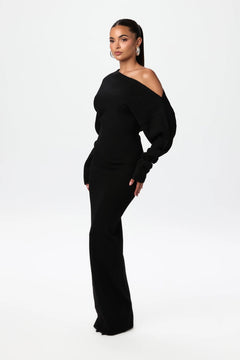 Damen Schulterfreies Strickkleid mit Asymmetrischem Ausschnitt Langen Ärmeln und Maxilänge in Schwarz