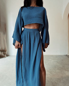 Damen Set mit Crop-Top und Maxirock mit Seitenschlitz in Blau