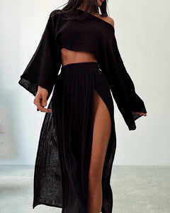 Damen Set mit Crop-Top und Maxirock mit Seitenschlitz in Schwarz