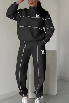 Damen Set mit Halbreißverschluss-Pullover und Jogginghose mit Kontraststreifen in Schwarz