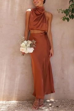 Damen Set mit Neckholder-Top und Midirock in Dunkelbraun