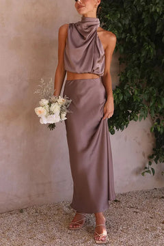 Damen Set mit Neckholder-Top und Midirock in Lila