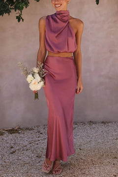 Damen Set mit Neckholder-Top und Midirock in Rosenrot