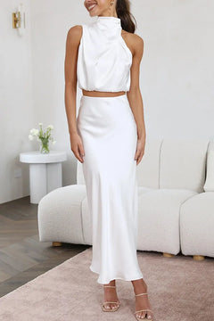 Damen Set mit Neckholder-Top und Midirock in Weiß