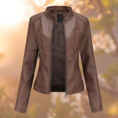 Marlene | Damen Slim-Fit Bikerjacke Kunstleder Reißverschluss Stehkragen in Dunkelbraun