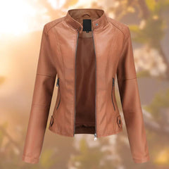 Marlene | Damen Slim-Fit Bikerjacke Kunstleder Reißverschluss Stehkragen in Braun
