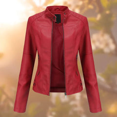 Marlene | Damen Slim-Fit Bikerjacke Kunstleder Reißverschluss Stehkragen in Rot