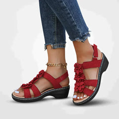 Monika - Damen Sommer Serie Blumen Plateau Sandalen in Rot