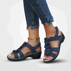 Monika - Damen Sommer Serie Blumen Plateau Sandalen in Blau
