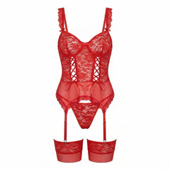 Sophie | Damen Spitzen-Korsett Dessous-Set mit Strumpfgürtel in Rot