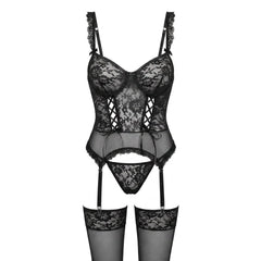 Sophie | Damen Spitzen-Korsett Dessous-Set mit Strumpfgürtel in Schwarz