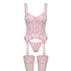 Sophie | Damen Spitzen-Korsett Dessous-Set mit Strumpfgürtel in Rosa