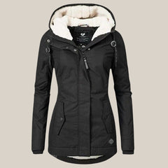 Leonie | Damen Steppjacke mit Fleecefutter Kapuze Winterjacke in Schwarz
