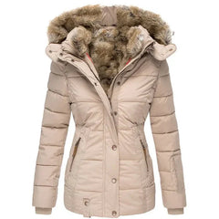 Damen Steppjacke mit Kunstfell-Kapuze und Reißverschluss in Beige