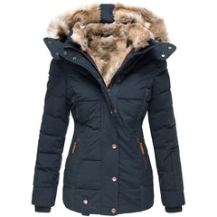 Damen Steppjacke mit Kunstfell-Kapuze und Reißverschluss in Blau