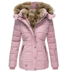 Damen Steppjacke mit Kunstfell-Kapuze und Reißverschluss in Rosa