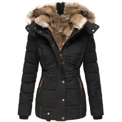 Damen Steppjacke mit Kunstfell-Kapuze und Reißverschluss in Schwarz