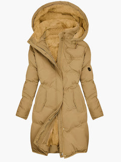 Damen Steppjacke mit Plüsch-Kapuze und Reißverschluss in Gelb