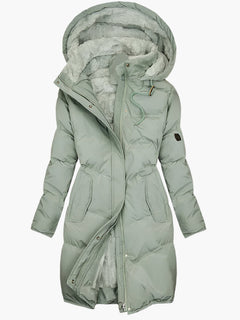 Damen Steppjacke mit Plüsch-Kapuze und Reißverschluss in Grün