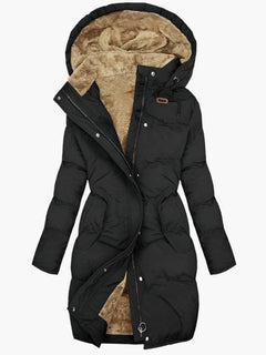 Damen Steppjacke mit Plüsch-Kapuze und Reißverschluss in Schwarz