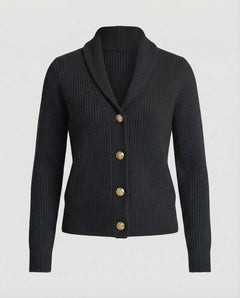 Frieda | Damen Strick-Cardigan mit Revers-Kragen Knopfleiste Langarm in Schwarz
