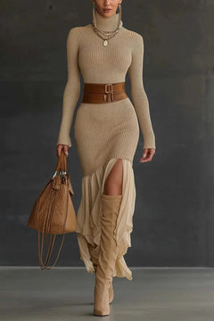 Damen Strickkleid mit Rollkragen Langen Ärmeln Gerippter Oberfläche und Volantsaum in Beige