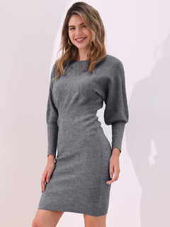 Damen strickkleid mit rundhalsausschnitt ballonärmeln und midilänge in Grau